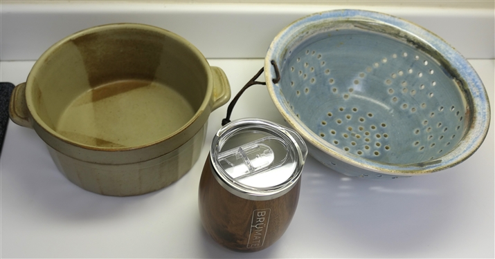 Art Pottery Strainer, Art Pottery Baking Dish, and Brumate Wood Grain Tumbler 