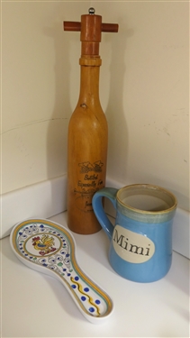MIMI Coffee Mug, Melamine Rooster Spoon Rest, and Chateau Jarrett Wood Wine Bottle Style Pepper Mill