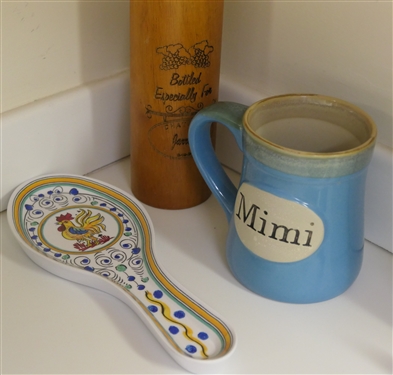 MIMI Coffee Mug, Melamine Rooster Spoon Rest, and Chateau Jarrett Wood Wine Bottle Style Pepper Mill
