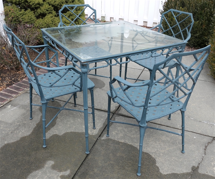 Nice Bamboo Style Iron Patio Table and 4 Chairs - Glass Top Table - Chairs with Happy Yellow Cushions - Table Measures 29" Tall 35" by 35" 