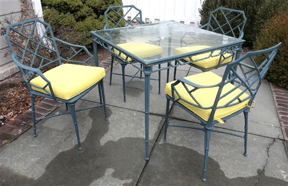 Nice Bamboo Style Iron Patio Table and 4 Chairs - Glass Top Table - Chairs with Happy Yellow Cushions - Table Measures 29 Tall 35 by 35 