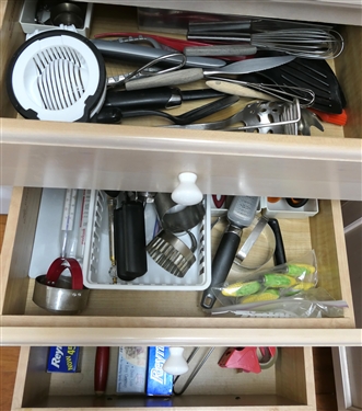 Contents of Kitchen Drawers - Stainless Steel Spoons, Cutco Fork, Wooden Utensils, Scissors, Hand Tools, Thermometer, Wood Rolling Pin, Etc. 