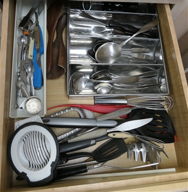Contents of Kitchen Drawers - Stainless Steel Spoons, Cutco Fork, Wooden Utensils, Scissors, Hand Tools, Thermometer, Wood Rolling Pin, Etc. 