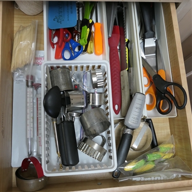 Contents of Kitchen Drawers - Stainless Steel Spoons, Cutco Fork, Wooden Utensils, Scissors, Hand Tools, Thermometer, Wood Rolling Pin, Etc. 