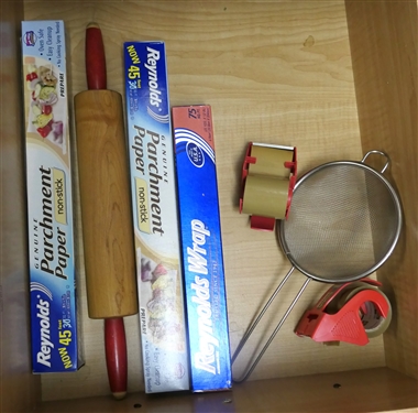 Contents of Kitchen Drawers - Stainless Steel Spoons, Cutco Fork, Wooden Utensils, Scissors, Hand Tools, Thermometer, Wood Rolling Pin, Etc. 