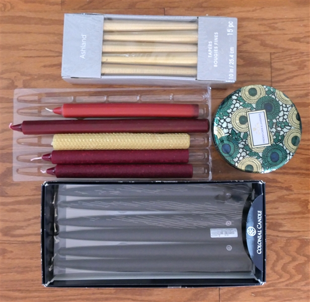 Lot of Candles - Black 12" Colonial Candles Tapers, Gold Tapers, and Voluspa Candle in Green Tin 