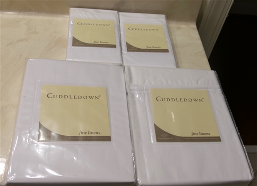 Cuddledown Fine Linens - Brand New Queen Sheet Set - Flat Sheet, Fitted Sheet, and 2 White King Pillow Cases - All in Original Plastic Packaging 