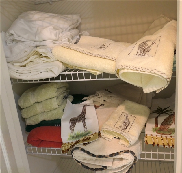 Linen Closet Lot - Towels, Linens, Sheets, Hand Painted Hand Towles, Cuddledown Duvet Cover, Embroidered Towels with Giraffes and Tigers