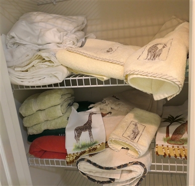 Linen Closet Lot - Towels, Linens, Sheets, Hand Painted Hand Towles, Cuddledown Duvet Cover, Embroidered Towels with Giraffes and Tigers