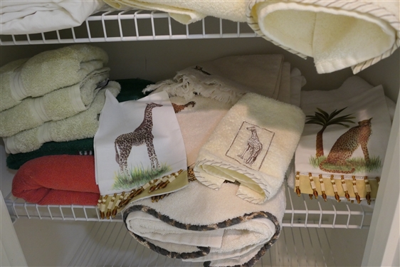 Linen Closet Lot - Towels, Linens, Sheets, Hand Painted Hand Towles, Cuddledown Duvet Cover, Embroidered Towels with Giraffes and Tigers