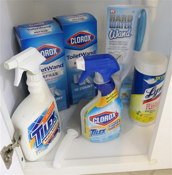 Under Sink Lot including Tilex, Clorox Toilet Wand Refills, and Lysol Wipes