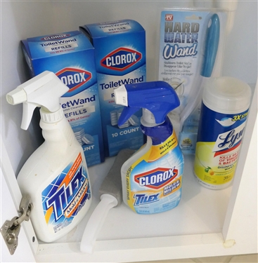 Under Sink Lot including Tilex, Clorox Toilet Wand Refills, and Lysol Wipes