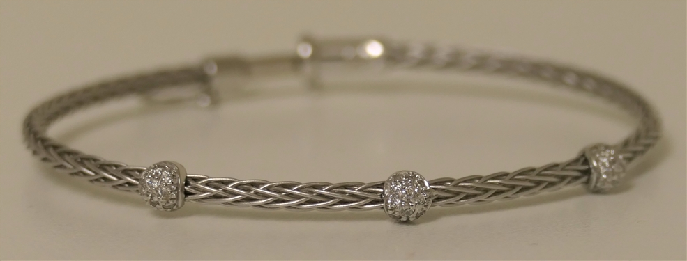 Italian 18kt White Gold Braided Bracelet with 3 Diamond Stations - Fits an Average Wrist 