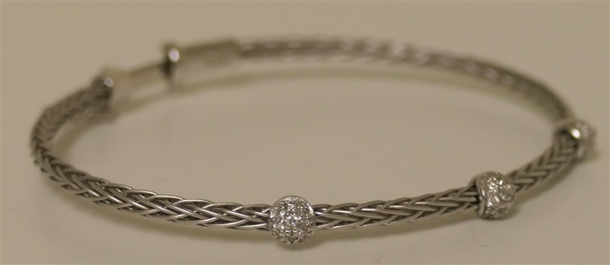 Italian 18kt White Gold Braided Bracelet with 3 Diamond Stations - Fits an Average Wrist 