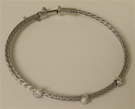 Italian 18kt White Gold Braided Bracelet with 3 Diamond Stations - Fits an Average Wrist 