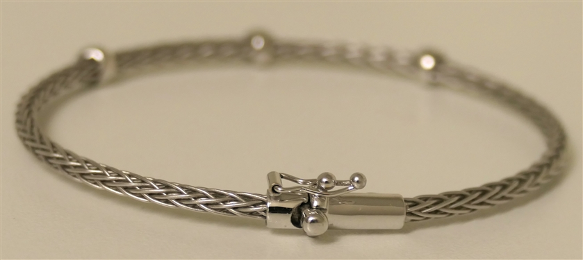 Italian 18kt White Gold Braided Bracelet with 3 Diamond Stations - Fits an Average Wrist 