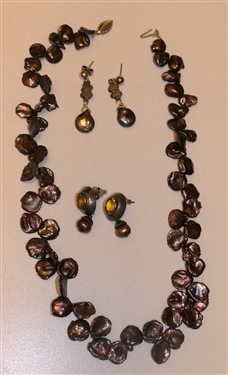 Pretty Baroque Pearl Necklace with 2 Pairs of Coordinating Earrings - Sterling Silver with Amber Stones and Pearls, and Pearl Drop Earrings with Gold Filled Posts 