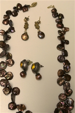 Pretty Baroque Pearl Necklace with 2 Pairs of Coordinating Earrings - Sterling Silver with Amber Stones and Pearls, and Pearl Drop Earrings with Gold Filled Posts 