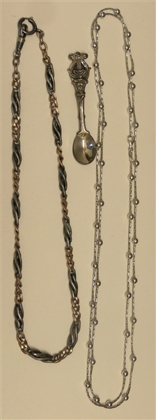 Long Sterling Silver Necklace, Beau Sterling Silver Spoon Brooch, and 800 Silver Two Tone Watch Chain 