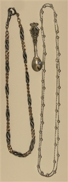 Long Sterling Silver Necklace, Beau Sterling Silver Spoon Brooch, and 800 Silver Two Tone Watch Chain 