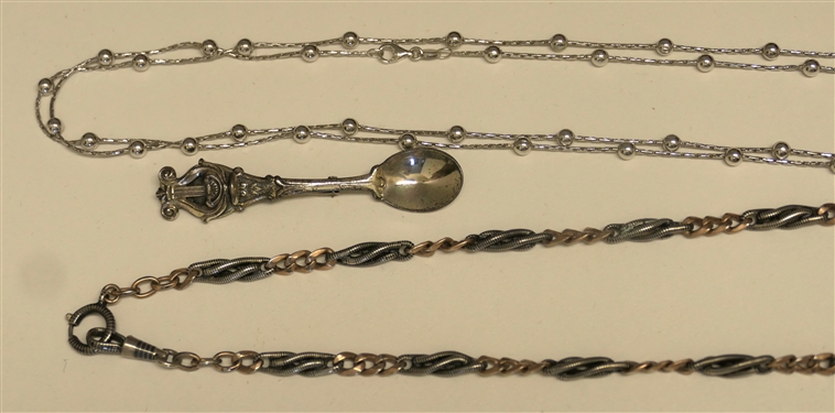 Long Sterling Silver Necklace, Beau Sterling Silver Spoon Brooch, and 800 Silver Two Tone Watch Chain 