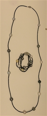Pretty Black and White Pearl Necklace and 3 Strand Bracelet Set -  Black Seed Bead  Spacers - Sterling Silver Clasp on Necklace, Sterling Silver Top on Bracelet Clasp - Bracelet Measures 7