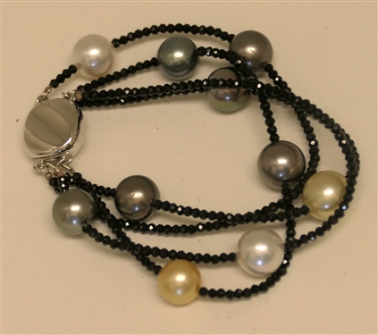 Pretty Black and White Pearl Necklace and 3 Strand Bracelet Set -  Black Seed Bead  Spacers - Sterling Silver Clasp on Necklace, Sterling Silver Top on Bracelet Clasp - Bracelet Measures 7