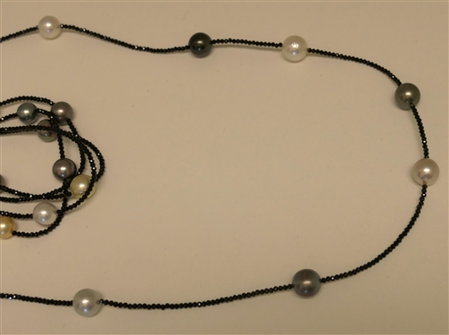 Pretty Black and White Pearl Necklace and 3 Strand Bracelet Set -  Black Seed Bead  Spacers - Sterling Silver Clasp on Necklace, Sterling Silver Top on Bracelet Clasp - Bracelet Measures 7