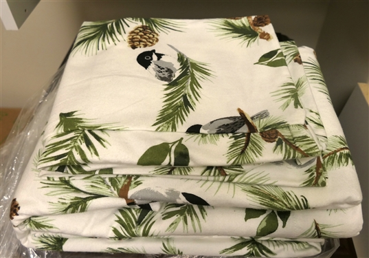 New Garnet Hill Queen Size Chickadee and Pine Organic Flannel Cotton Sheet Set - Never Used 