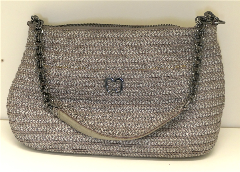 Eric Javits Pewter Colored Woven Straw Purse with Chain Strap - Beautiful Green L Lining - Attached Mirror- Some Wear To Underside of Shoulder Strap 
