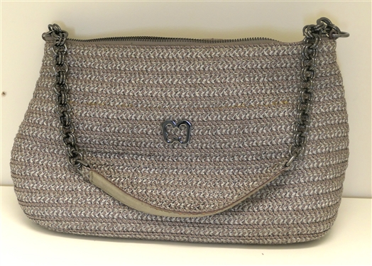 Eric Javits Pewter Colored Woven Straw Purse with Chain Strap - Beautiful Green L Lining - Attached Mirror- Some Wear To Underside of Shoulder Strap 