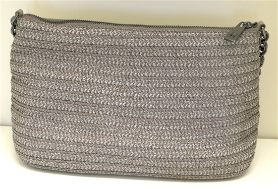 Eric Javits Pewter Colored Woven Straw Purse with Chain Strap - Beautiful Green L Lining - Attached Mirror- Some Wear To Underside of Shoulder Strap 