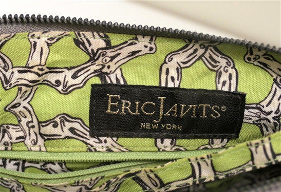 Eric Javits Pewter Colored Woven Straw Purse with Chain Strap - Beautiful Green L Lining - Attached Mirror- Some Wear To Underside of Shoulder Strap 