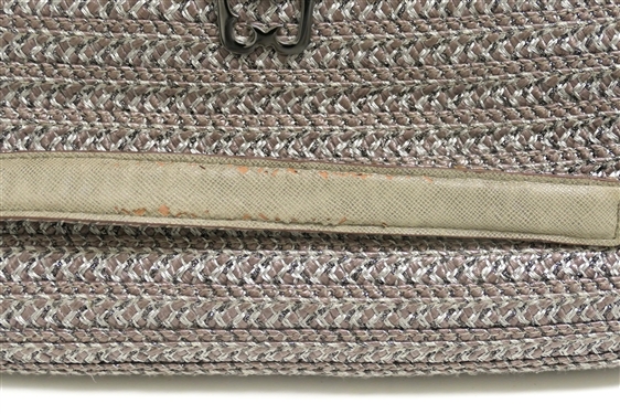 Eric Javits Pewter Colored Woven Straw Purse with Chain Strap - Beautiful Green L Lining - Attached Mirror- Some Wear To Underside of Shoulder Strap 