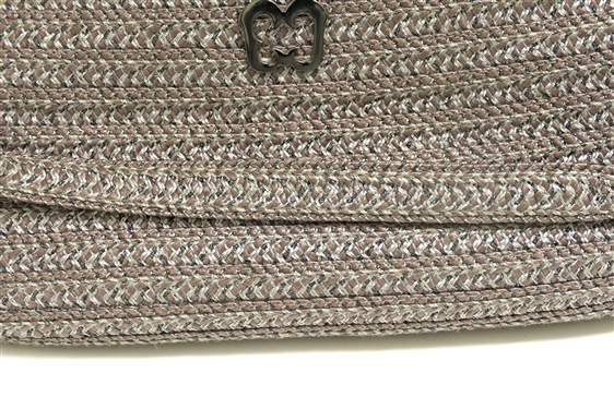 Eric Javits Pewter Colored Woven Straw Purse with Chain Strap - Beautiful Green L Lining - Attached Mirror- Some Wear To Underside of Shoulder Strap 