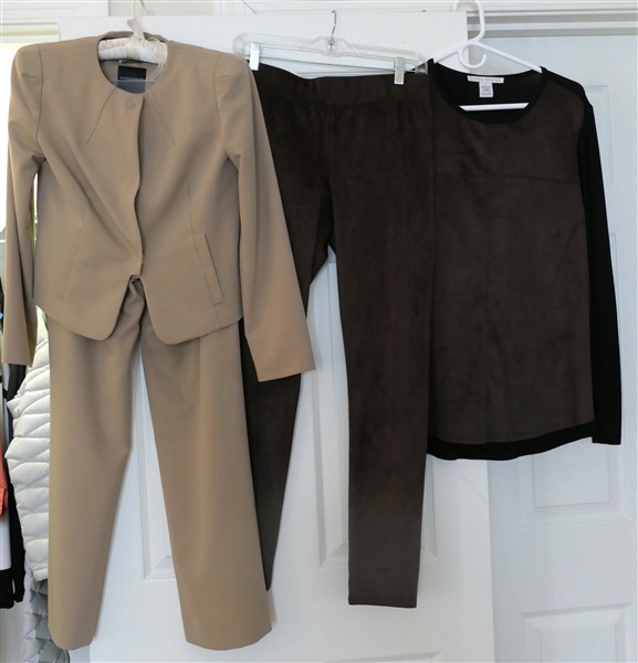 Donna Degnan Black and Brown Pants and Shirt Set - Size Small and Magaschoni Collection - Khaki Colored Pant Suit - Jacket and Trousers - Size 4