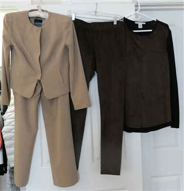 Donna Degnan Black and Brown Pants and Shirt Set - Size Small and Magaschoni Collection - Khaki Colored Pant Suit - Jacket and Trousers - Size 4