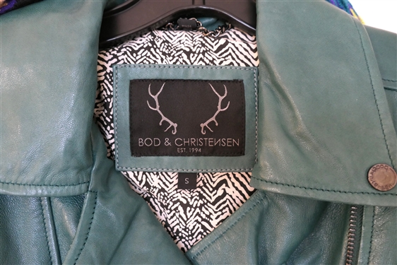 Bod & Christensen Green Leather Motorcycle Style Jacket - Size Small - With Coordinating Scarf