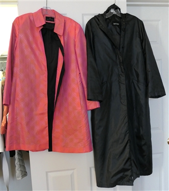 Jheri Richards - Pink Rain Jacket - Size 6 and Carol Cohen Collectibles - Packable Long Black Rain Coat with Carrying Bag
