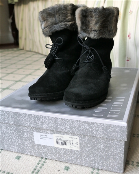 Stuart Weitzman "Sockette" Black Sport Suede Boot with Faux Fur Trim - Size 7 - Like New with Original Box