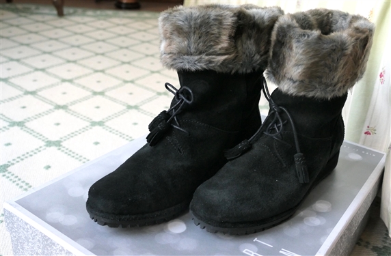 Stuart Weitzman Sockette Black Sport Suede Boot with Faux Fur Trim - Size 7 - Like New with Original Box