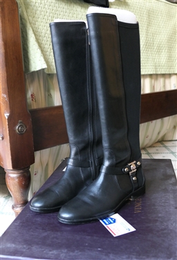 Vince Camuto Signature Karren Black Dutch Calf and Scuba Tall Boots - Black Leather with Gold Hardware - Size 6 1/2 - Very Little Wear - With Original Box