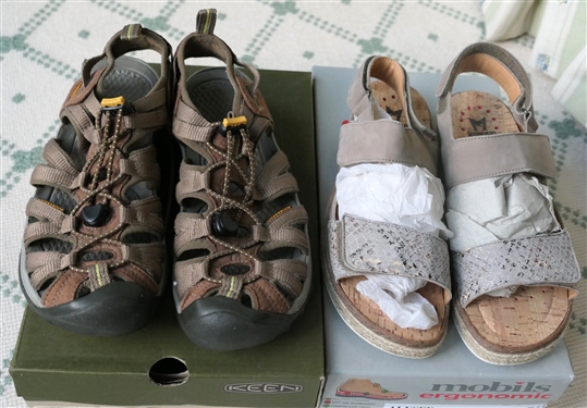 Mobils Ergonomic Putty Colored Sandals and Keen Coffee Colored Shoes - Size 7 - Both with Original Boxes