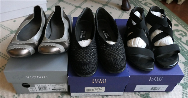 3 Pairs of Stuart Weitzman Shoes -Pewter Flats - Size 6, Black Woven Size 6, and Black Elastic Strappy Sandals - Size 6.5