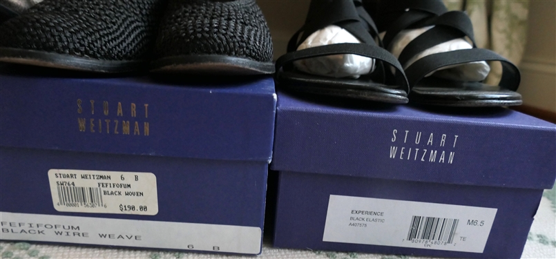 3 Pairs of Stuart Weitzman Shoes -Pewter Flats - Size 6, Black Woven Size 6, and Black Elastic Strappy Sandals - Size 6.5