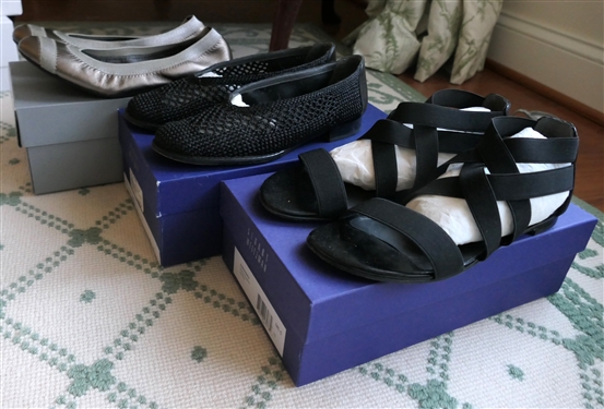 3 Pairs of Stuart Weitzman Shoes -Pewter Flats - Size 6, Black Woven Size 6, and Black Elastic Strappy Sandals - Size 6.5