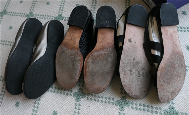 3 Pairs of Stuart Weitzman Shoes -Pewter Flats - Size 6, Black Woven Size 6, and Black Elastic Strappy Sandals - Size 6.5