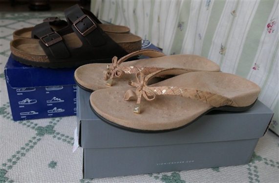 Vionic Tan Cork Flip Flops - Size 6 Like New in Original Box and Birkenstock Arizona Sandals Size 36 Like New In Original Box 