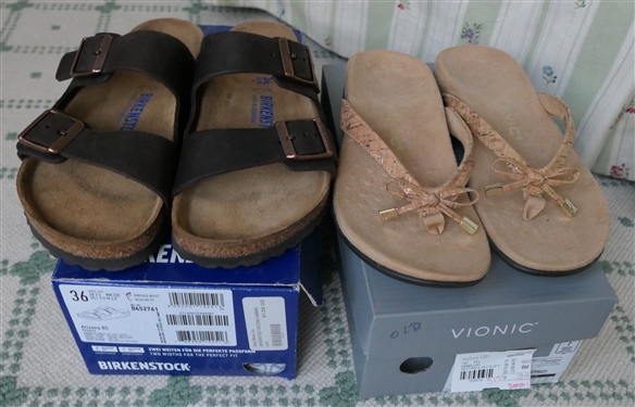 Vionic Tan Cork Flip Flops - Size 6 Like New in Original Box and Birkenstock Arizona Sandals Size 36 Like New In Original Box 