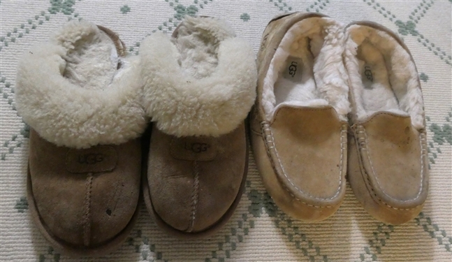 2 Pairs of UGG Slippers - Moccasin Style Size 8 and Slip on With Lots of Wear